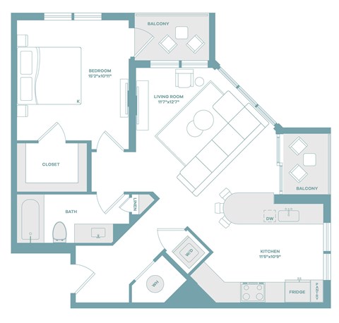 Floor plan for 1 bed, 1 bath, 795 sqft